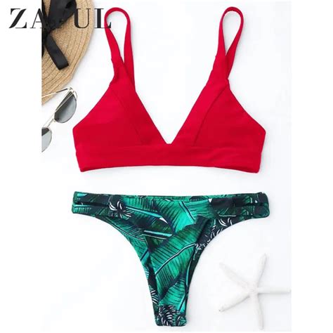 Zaful 2017 Women New Leaf Print Plunge Thong Bikini Set Mid Waist Leaf