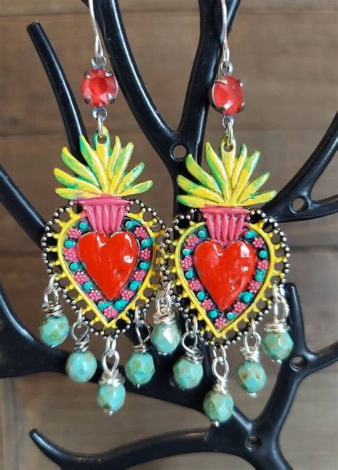 Heart Earrings Dangle Drop Earrings Sacred Heart Boho Dangles Etsy