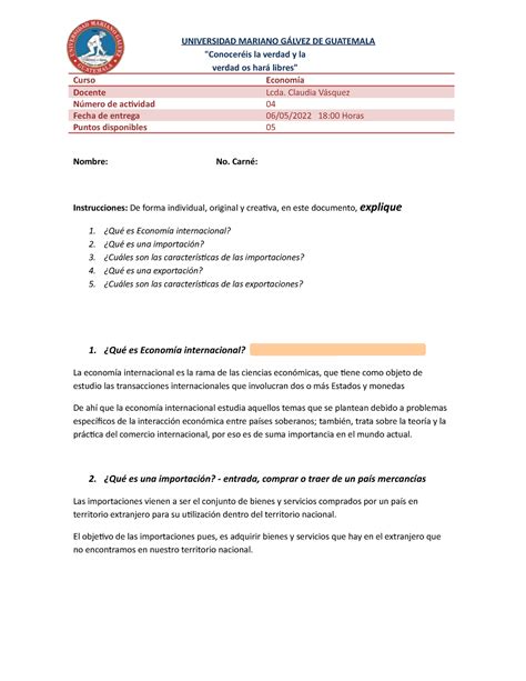 Actividad No 4 Economía UNIVERSIDAD MARIANO GÁLVEZ DE GUATEMALA