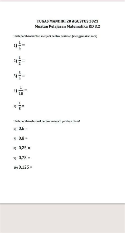 SOLVED 1 Ubahlah Pecahan Berikut Menjadi Bentuk Desimal Menggunakan