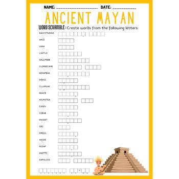 Ancient Mayan Civilization Word Scramble Puzzle Worksheet Activity