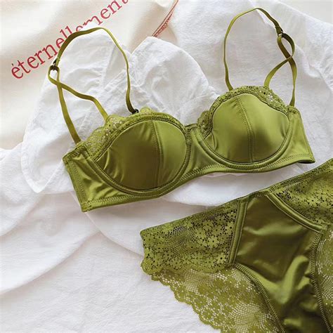 Underwear Set Lace Panties Satin Bra Wire Gathered Lingerie Smooth Surface Women S Cup