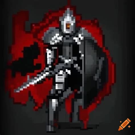 Pixel Art Of A Black Knight With Red Powers And Silver Sword On Craiyon