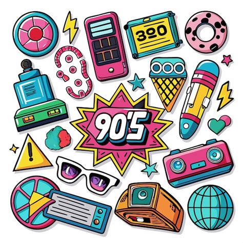 90s Pop Culture Icon Set Illustration | Premium AI-generated vector