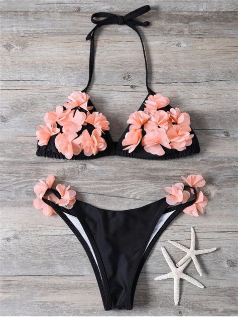 22 OFF 2021 Halter Stereo Flower Bikini Cute Bathing Suit In BLACK