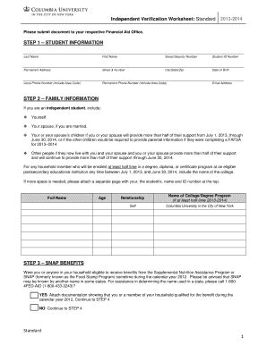 Fillable Online Independent Verification Worksheet Standard Fax Email