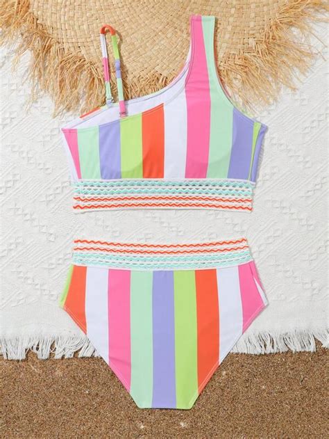 Tween Girl Block Striped Asymmetrical Neck Bikini Swimsuit SHEIN UK