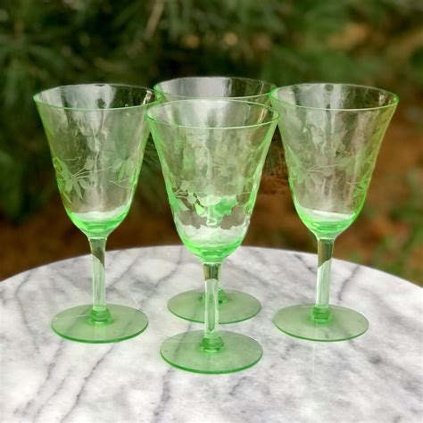 Vintage Etched Uranium Glass Goblet Set Etsy