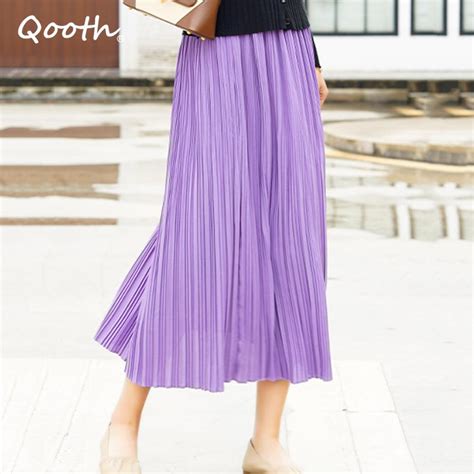 Cheap Qooth Women Spring Summer Solid Color Pleated Skirt Elegant High