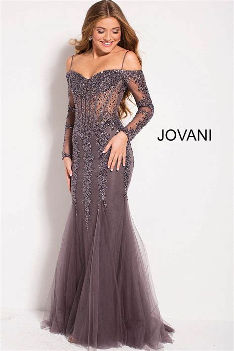 Jovani 2018 Charcoal Off The Shoulder Long Sleeve Embellished Prom