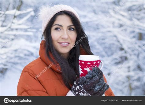 Beautiful Woman Drinking Hot Tea Winter Mountain Winter Vacation Stock Photo By Brnmanzurova