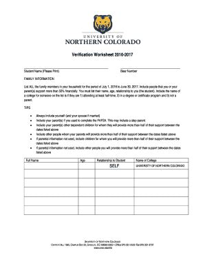 Fillable Online Unco Verification Worksheet Unco Fax Email