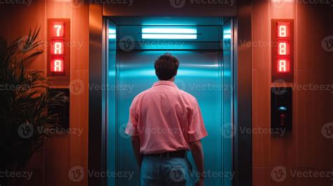 A person waits for an elevator in a dimly lit lobby with glowing