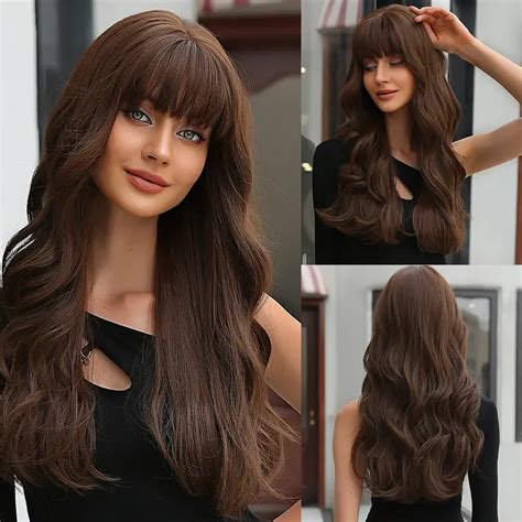 Long Brown Wig Women Bangs Wavy Curly Synthetic Hair Natural Temu