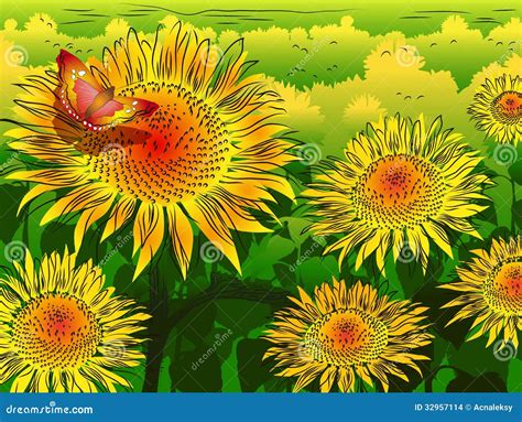 Sunflower Background With Butterfly Stock Images - Image: 32957114