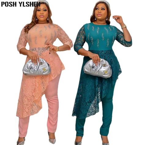 Fongt Two Piece Set Clothes African Dresses For Women Pant Suits Lace Hot Drilling