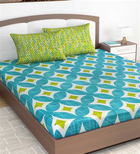 Buy Blue Abstract 144 TC 100 Cotton King Sized Bed Sheets With 2