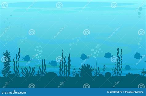 Bottom Of Reservoir With Fish Silhouette Blue Water Sea Ocean Stock