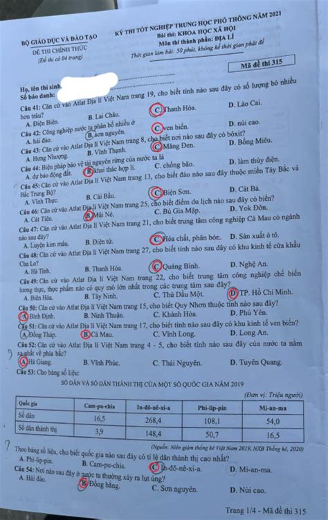 Mã đề 315 môn Địa 2021 Đáp án đề thi thpt quốc gia 2021 môn Địa mã 315