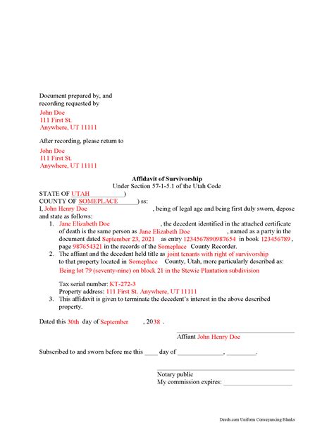 Salt Lake County Affidavit Of Surviving Joint Tenant Form Utah