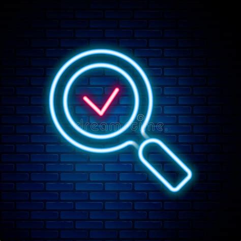 Glowing Neon Line Magnifying Glass With Check Mark Icon Isolated On Brick Wall Background