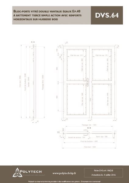 Bloc porte vitré avec renforts horizontaux double vantaux égaux Ep 40 à