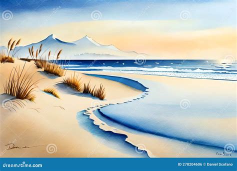 Watercolor Baltic Sea View Sandy Beach Blue Sky Seagulls Nature