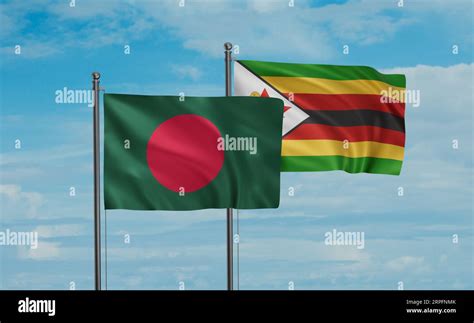 Zimbabwe And Bangladesh Flag Waving Together In The Wind On Blue Sky