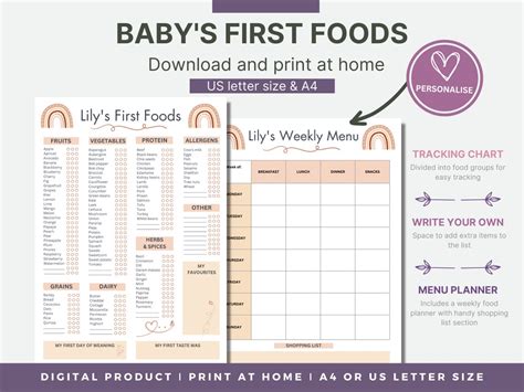 Baby Food Tracker Printable Food Diary Babys First Foods Meal