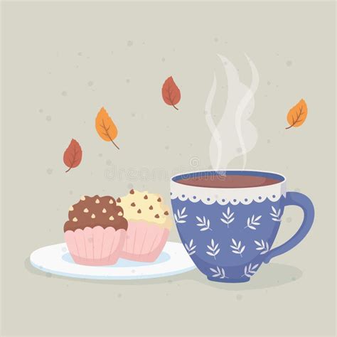 Coffee Time And Tea Cup With Hot Liquid And Sweet Cupcakes Stock Vector Illustration Of