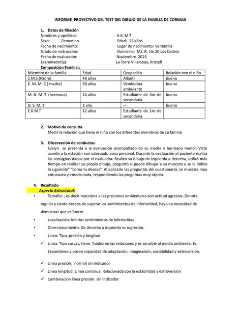 Informe DE TEST DE LA Familia CASO Carlos Hecho En Clase INFORME