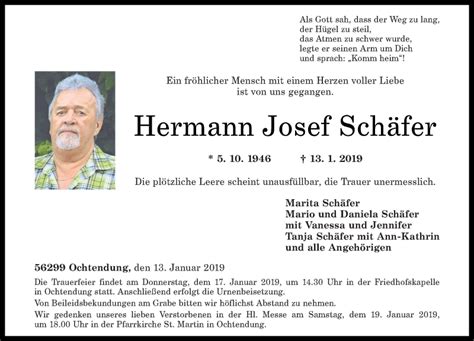 Traueranzeigen von Hermann Josef Schäfer rz trauer de