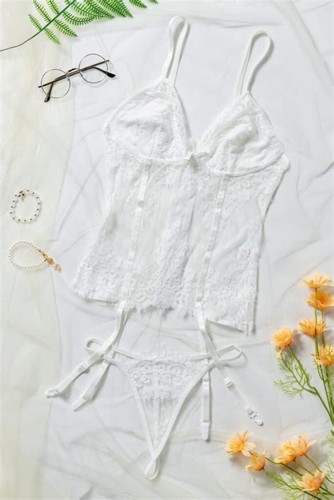 Floral Lace Lingerie Set With Garter Belt Angel Croshet