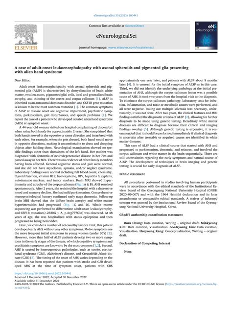 PDF A Case Of Adult Onset Leukoencephalopathy With Axonal Spheroids