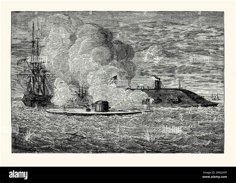 An Old Engraving Of The Naval Battle Between The USS Monitor Centre