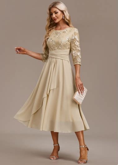 ROTITA Embroidery Champagne Round Neck 3 4 Sleeve Dress Rotita