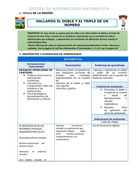 Sesión Doble Y Triple DE UN Numero Listo SESIÓN DE APRENDIZAJE