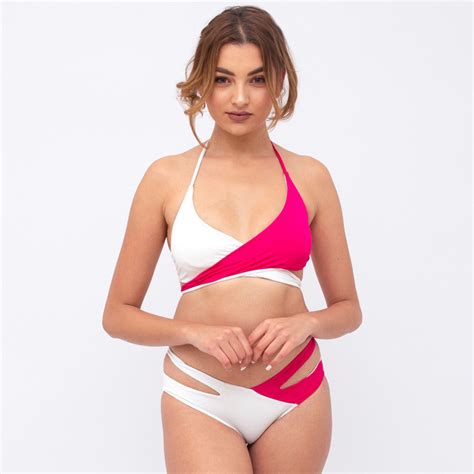 Maillot de bain 2 pièces bikini femme rose et blanc style américain Taille en chiffre 36