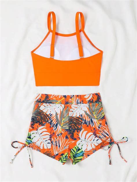 Shein Swim Vcay Women S Summer Beach Halter Top And Botanical Print Shorts Bikini Set Bathing