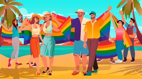 Premium Vector People With Lgbt Rainbow Flag Standing Together On Tropical Beach Gay Lesbian