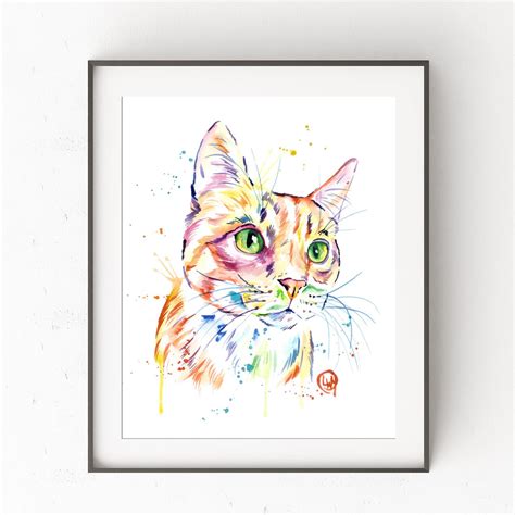 Orange Tabby Cat Colorul Pet Portrait Watercolor Painting - Whitehouse Art