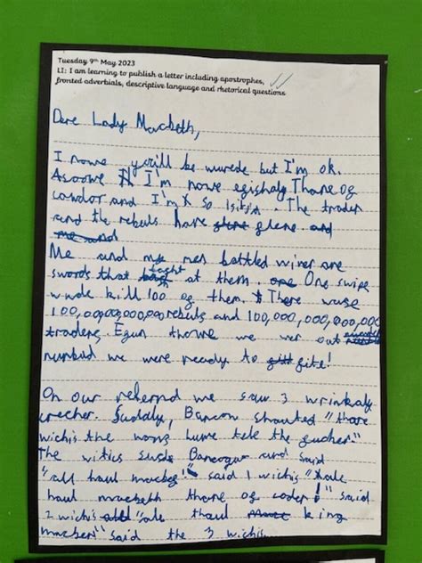 Letter To Lady Macbeth Tudor Grange Primary Academy St James