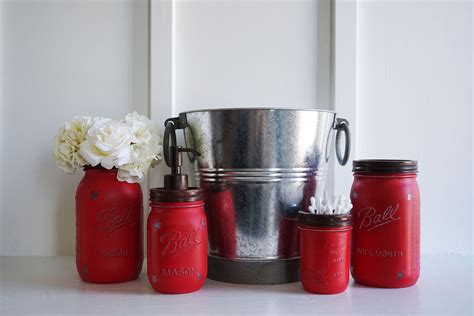 Mason Jar Bathroom Set Rustic Red Soap Pump Rustic Etsy Mason