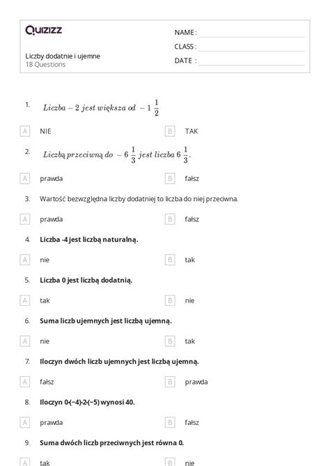 Ponad Liczby Ca Kowite I Wymierne Arkuszy Roboczych Dla Klasa W