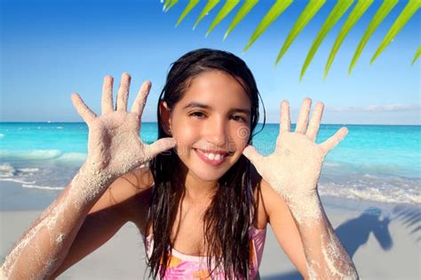 Llatin Teen Girl Playing Beach Smiling Sandy Hands Stock Photo - Image: 18611540