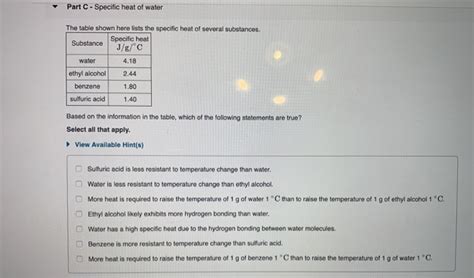 Solved Part C- Specific heat of water The table shown here | Chegg.com