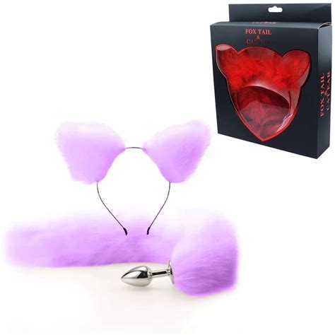 Plug Anal Metal Cauda Raposa Longa Tiara Orelinha Gatinha Lilas Fox