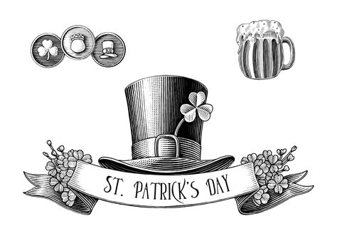 Saint Patricks Day Logo Hand Draw Vintage Engraving Style Black And