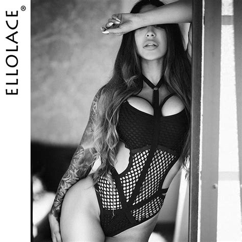 Ellolace Sheer Knit Fish Net Mesh Bodysuit Women Sexy Goth Lingerie Overalls Hollow Out