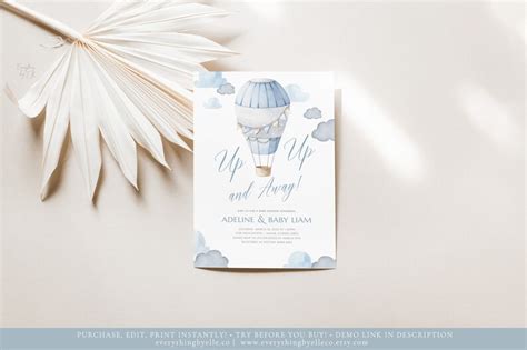 Hot Air Balloon Baby Shower Book Card Editable Blue Boy Hot Etsy